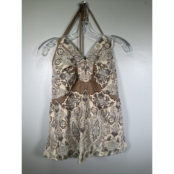 Y2K Lane Bryan Floral Halter Top SZ 18 Paisley‎ Embellished Gems Tan Teal Linen - Picture 1 of 11